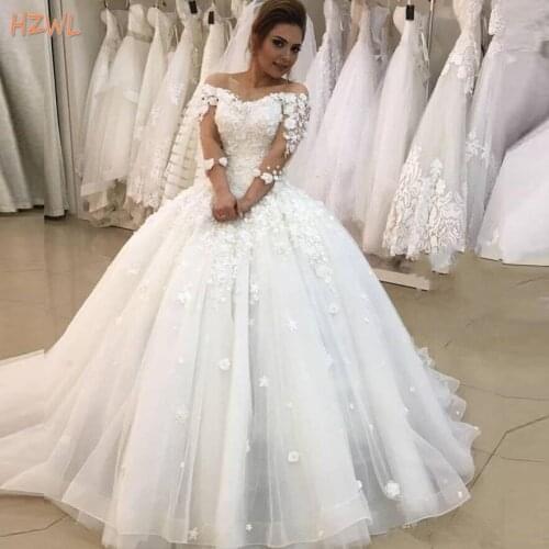 3D Flora Asppliques Ball Gown Wedding Dresses 2021 Illusion 3/4 Long Sleeve Bridal Gowns Plus Size Dress Vestido