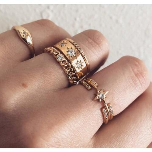 7 Pcs/Set Boho Shiny Zircon Star Pattern Knuckle Ring for Women Chain Totem Retro Gold Color Ring Set Party Rings for Girls
