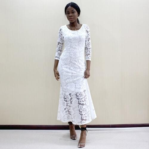 African Lace Fabric Sexy Long Sleeve Solid Elegant White Maxi Dress for Women