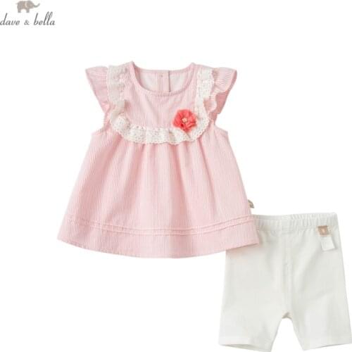 DB18104 dave bella summer baby girls cute floral striped clothing sets kids fashion short sleeve sets children 2 pcs suit