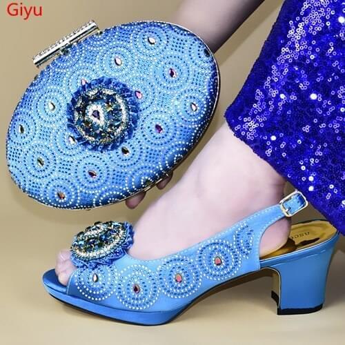 Doershow New Arrival African Wedding Shoes and Bag Set sky blue Italian Shoes with Matching Bags Nigerian Women party!HXD1-14