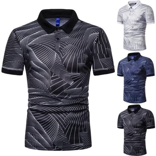 European and American mens fashion wave pattern printing short-sleeved lapel T-shirt POLO shirt elastic