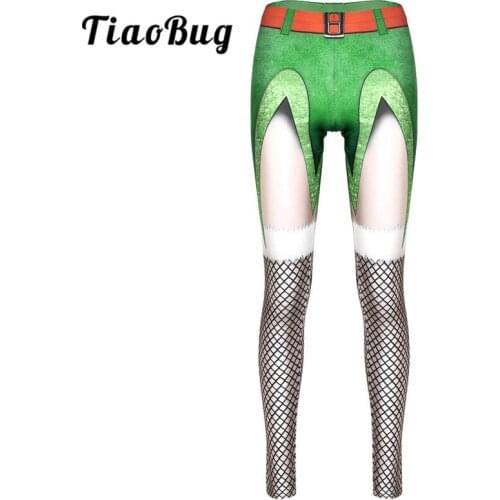 TiaoBug Women Christmas Elf Sexy Stocking Printed Leggings Stretchy Skinny Tights Long Pants for Xmas Holiday Cosplay Party Rave