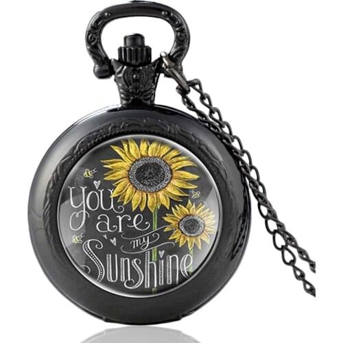 Fashion Sunflower You Are My SunShine Glass Cabochon Quartz Pocket Watch Vintage Men Women Pendant Necklace Chain Clock