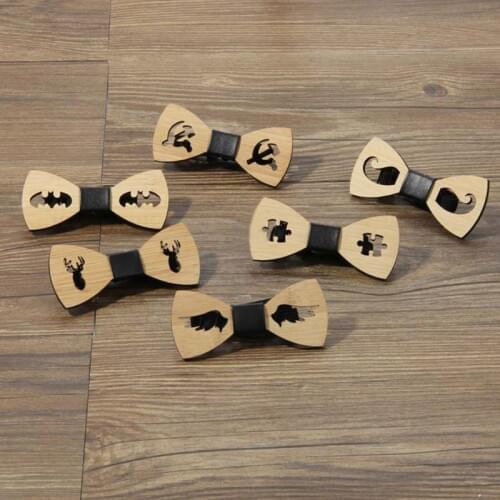 Men Boys Hollow Bat Deer Handmade Bamboo Wooden Bow Tie Faux Leather Knot Center Adjustable Business Wedding Party Necktie