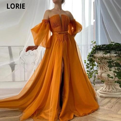 LORIE Alloy Organza Prom Dresses V-neck Off the Shoulder Formal Evening Gowns Long Puffy Sleeve Party Dress High Split Plus Size