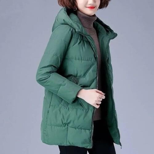 Hooded Solid Color Mid-Length Parkas Women Winter Thickened Down Cotton Jacket Plus Size Loose Female Basic Fashion Warm Coat