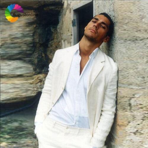 Casual Ivory/Beige Linen Men Suits Beach Wedding Suit Pants Designs 2Pieces Slim Fit Best Man Blazers Jacket Tailored Prom Wear