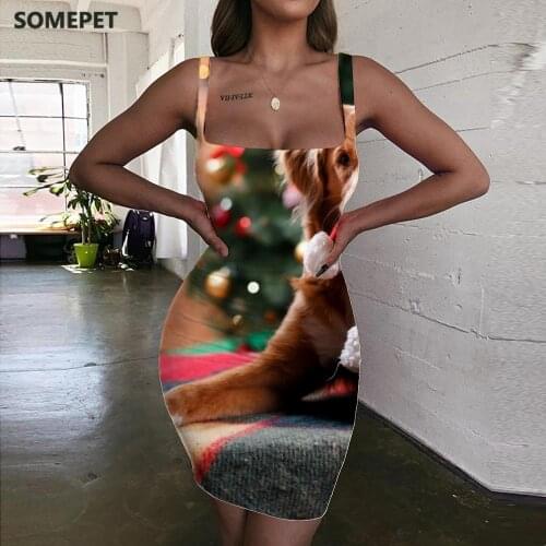 SOMEPET Christmas Dresses Women Dog 3d Print Animal Halter Sleeveless Party Sundress Womens Clothing Party New Boho Fashion