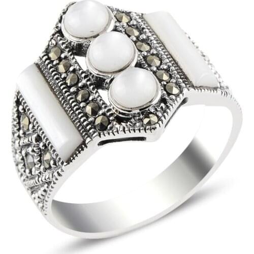 Silver 925 Sterling Pearl & Marcasite Ring