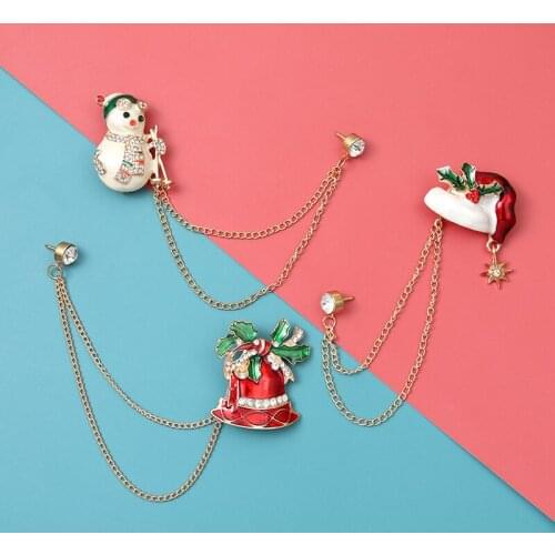 5 Styles Santas Scepter Crystal Santa Hat Sock Brooches with Chain Lapel Pin Snowman Bells Jewelry Happy New Year Gift for Kids
