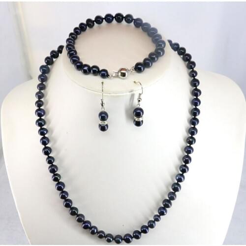 Discount!! black pearl necklace suit 7-8mm necklace 18"bracelet 7.5" earring 2pc/lot women jewelry making design gift