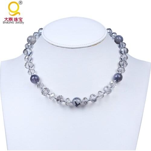 Stylish modern round stone beads necklace crystal choker necklace jewelry semi-precious stone and crystal necklace