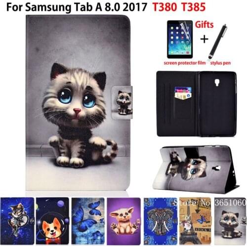 SM-T385 Smart Case For Samsung Galaxy Tab A 8.0 T380 T385 SM-T380 2017 8.0" Cover Funda Tablet Cute Cat PU Leather Shell +Gift