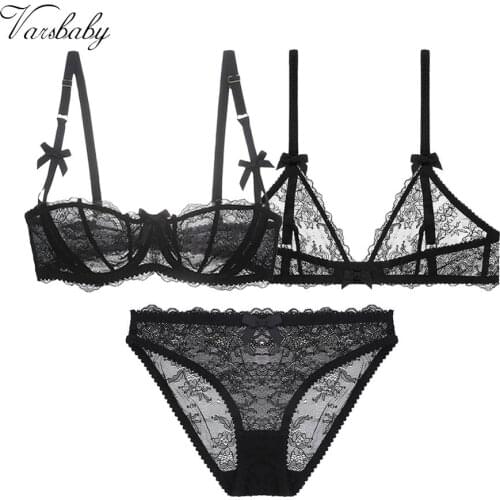 Varsbaby sexy see-through half cup bra wire free floral lace bra + panty plus size bras set