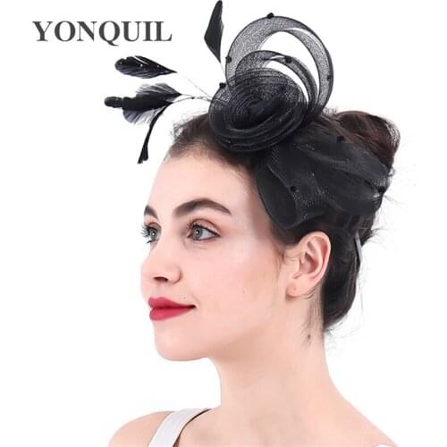 Cute Gril Fascinator Headwear Colorful Mesh Feather Party Show Hair Accessories Black Millinery Cocktail Hats Multicolors SYF296