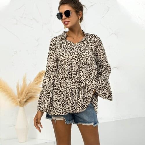 2021 Spring Autumn Women Sexy Leopard Print V-neck T-shirt Top Ladies Elegant Casual Loose Flare Sleeve Patchwork Clothes Female