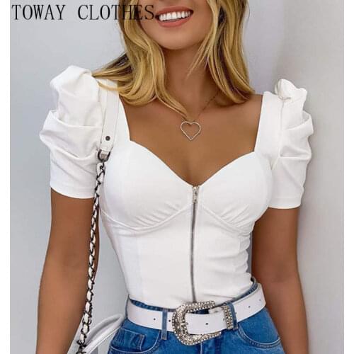 Women Summer Puff Sleeve Zip Front Top Solid Casual Sexy Square Neck Short Sleeve Female Top