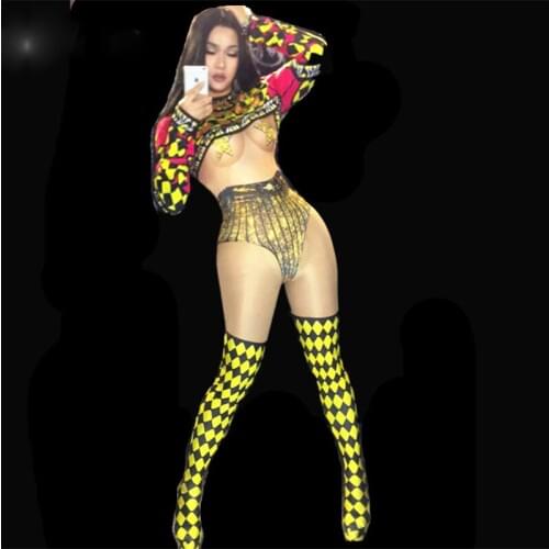 Neon Yellow Jumpsuit Gold Printed Bodysuit Costume Womens Sexy Leggings Rompers Female Prom Nightclub Dress Outfit DNV10020