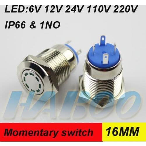 1pcs packing shipping free HABOO 16mm metal reset switch IP66 IK08 led push button switch waterproof switch 24V