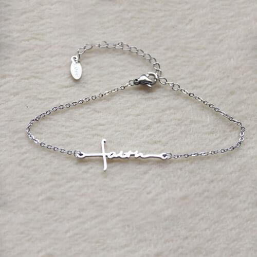 1Pc New Design Cross Faith Bracelet Stainless Steel Letter Charm Bracelets For Women Girls Kids New Year Jewelry Lucky Gift