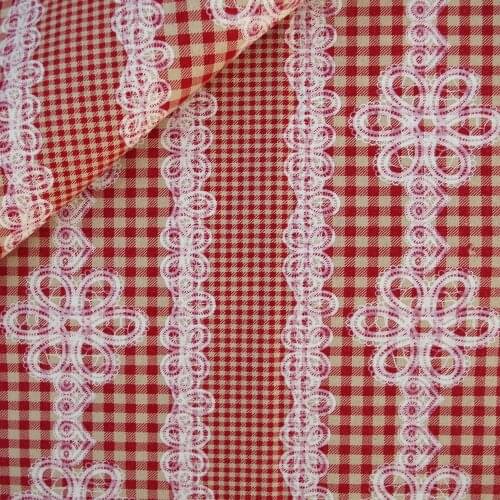 110cmx50cm Cotton Linen Fabric for handmad, bed, bag, - Checker And Lace - red (LF325)