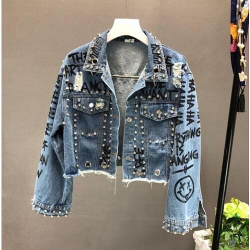 2021 New Fashion Bead Diamond Graffiti Printed Short Design Denim Jacket Coat Women High Waist Cowboy Coats Student Streetwear