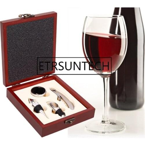 4pcs red wine bottle opener set wooden case bottle opener suit 50set/lot