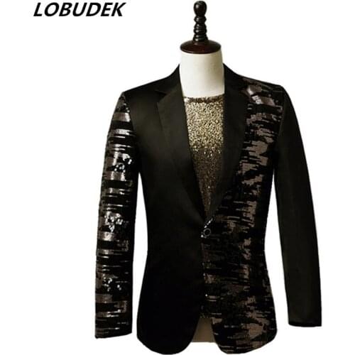 Tide Men Gold Sequins Black Blazer Fashion Slim Fit Banquet Evening Party Tuxedo Blazers Stage Singer Host Suit Jacket Costume