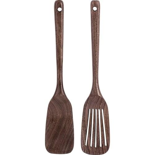 Wooden Spatula&Slotted Spatula for Cooking,Black Walnut Long Handle Wood and Slotted Turner for Non-Stick Cookware