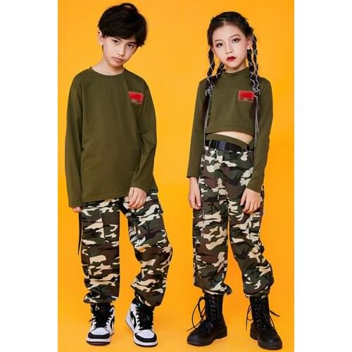 Kids Camouflage Pants Hip Hop Clothing Long Sleeve Tops Street Dance Costume Girls Boys Performance Outfit Sport Wear DNV15125