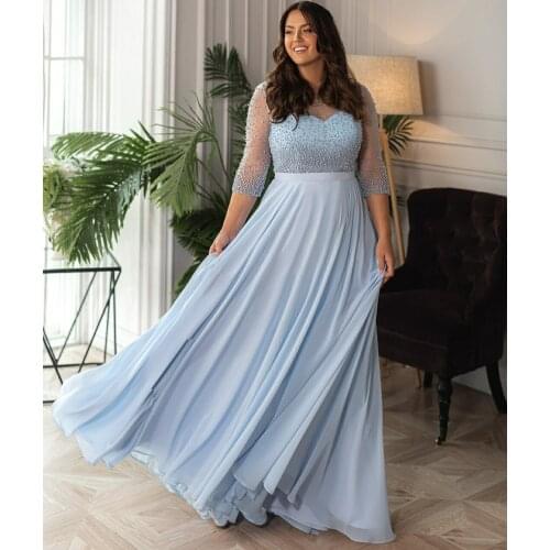 Long O-Neck Pearl Light Blue Evening Dresses A-Line Corset Back Floor Length Robes De Mariée Party Gowns For Women