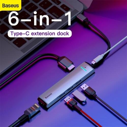 Baseus 6-in-1 Port HUB Docking Station Type-C to PD of HDMI USB3.0 RJ45 Adapter Splitter Type C Hub for Computer for Phone