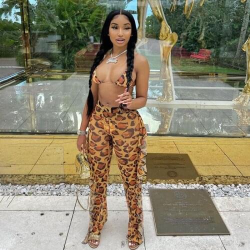 DSMTRC 2021 Bodycon Sexy Party Elegant Club Y2K Robe Outfits Leopard Print Halter Backless Sleeveless Top Ruffles Pants Set