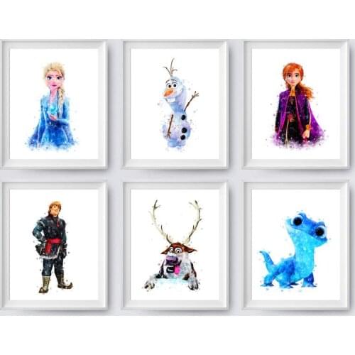 Frozen Set of Princess Anna and Elsa Print Olaf Sven Kristoff Bruni Salamander Watercolor Frozen Kids Canvas Painting Room Decor