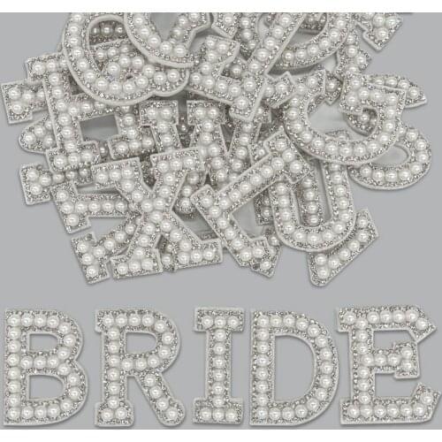 New A-Z Silver Pearl Rhinestone English Letter Patches For Clothes BRIDE Iron on Stickes 3D Handmade Beaded Stripe Badge Name