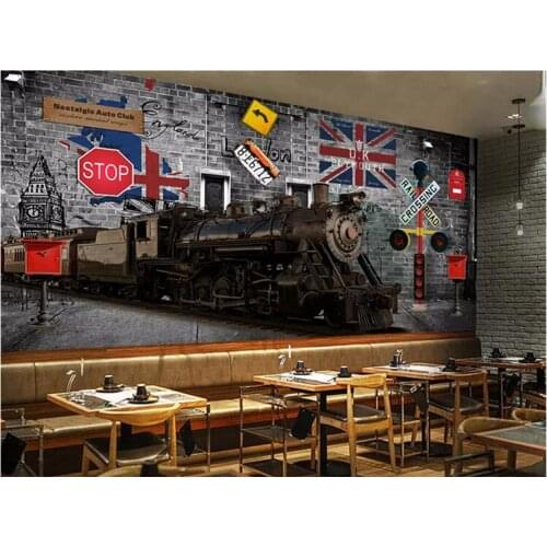 Wall Paper 3D Europen Retro Nostalgic British Train Bus Classic Car Postbox Gray Brick Wall Industrial Decor Mural Wallpaper 3D