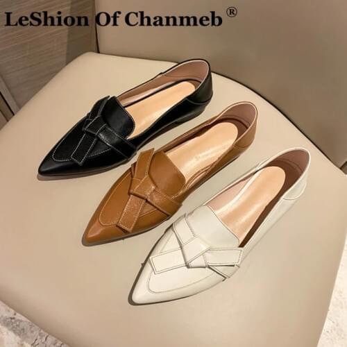 LeShion Of Chanmeb 2021 Newest Soft Natural Cow Genuine Leather Flat Shoes Women Pointed Toe Sweet Bow-knot Loafers Espadrilles
