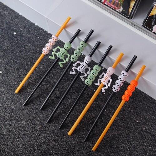 Halloween Disposable Party Straws Funny Plastic Straws Ghost Head Skeleton Drinking Straw Holiday Bar Home Party Halloween Decor