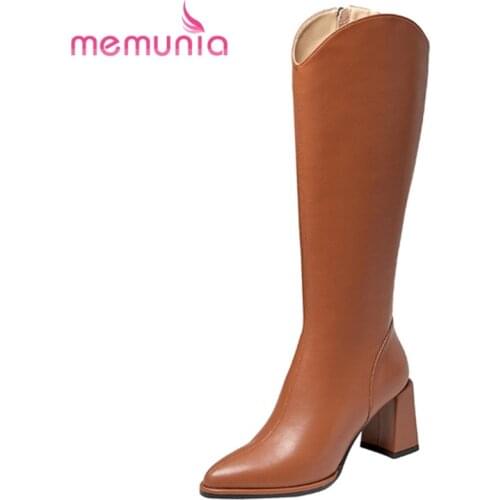 MEMUNIA Cow Leather Boots Hot Sale Fashion Female Boots Winter Square Heels Knee High Boots Zipper Casual Hand Made Ladies Shoes