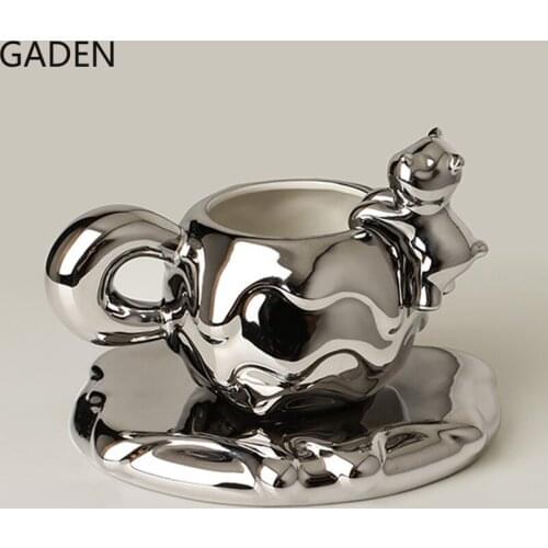 Modern Cute Ceramic Cup Couple Silver Mug Coffee Cup Water Cup Afternoon Tea Cup Saucer Set Living Room Desktop Decoration