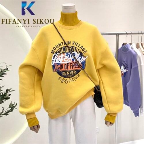 Fashion Print Hoodies Women Autumn Winter Sweatshirt Thick Warm Turtleneck Long Sleeve Pullovers Female Loose Tops Sweatshirts