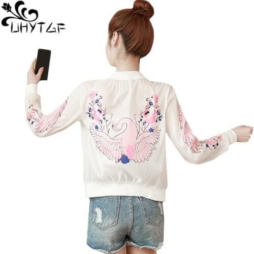 UHYTGF Casual Women Summer Top Sun Protection Clothing New Fashion Chiffon Printed Short Coat Breathable Thin Plus Size Jacket67