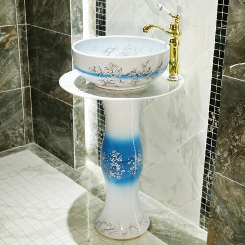 Pedestal Washbasin Ceramic Chinese Household Bathroom Balcony Integrated Floor Type Washing basin plum blossom pattern