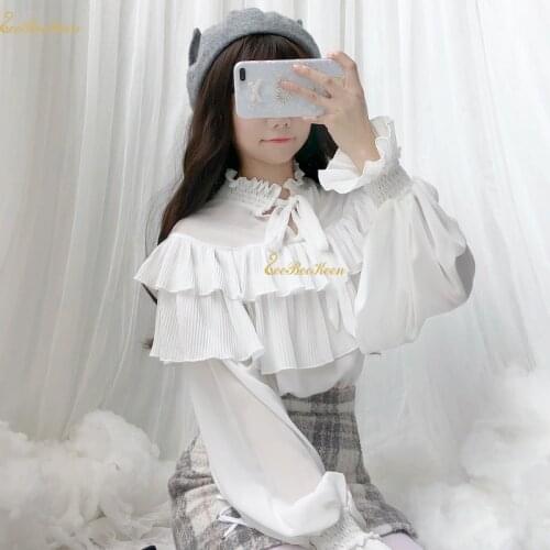 Girls Sweet Lolita Costume Women Ruffled Chiffon Lantern Sleeve Blouse Long sleeve Lolita Shirt Anime Princess Cosplay For Adult
