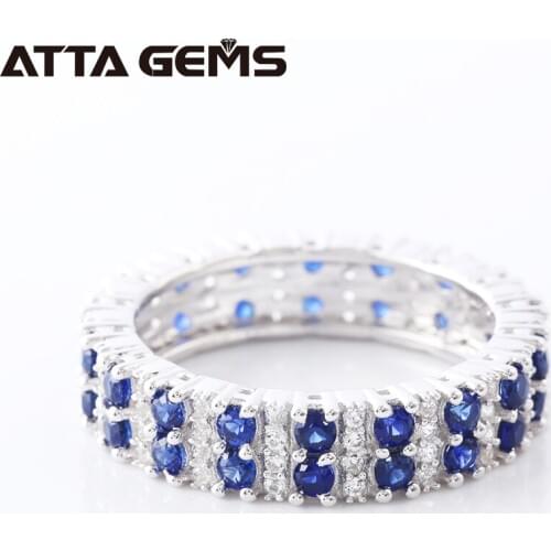 Women Blue Sapphire Sterling Silver Ring S925 Created Sapphire Faced Round Classic Style for Women Birthday Party Jewelry