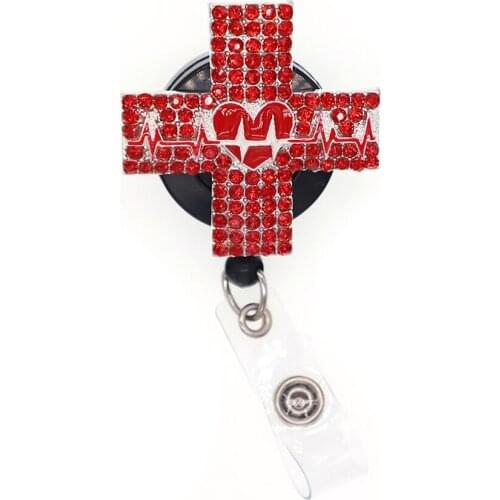 10pcs/lot Red Rhinestone Cross Shape Retractable ID Badge Reel Nurse Name Card Badge Holder
