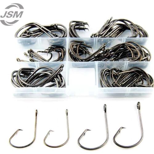 JSM 100pcs 7381 High Carbon Steel Fishing Hooks Offset Sport Circle Bait Fishhooks Carp Fishing Goods Accessories Set With Box