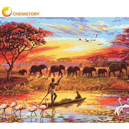 CHENISTORY Diamond Painting Setting Sun Elephant Cross Stitch Kit 5D DIY Diamond Embroidery Fisherman Animal Mosaic Home Decor