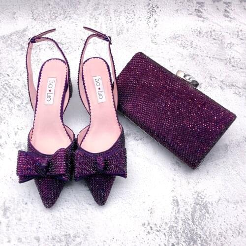 BS1302 Custom Handmade SlingBacks Dress Pumps High Heel Women Shoes Bridal Wedding Purple Crystal Shoes And Bag Set